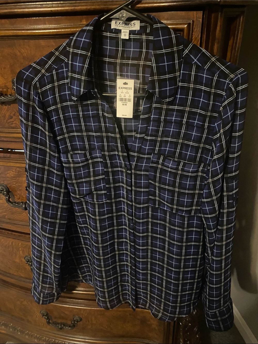 Express blue plaid portofino blouse nwt